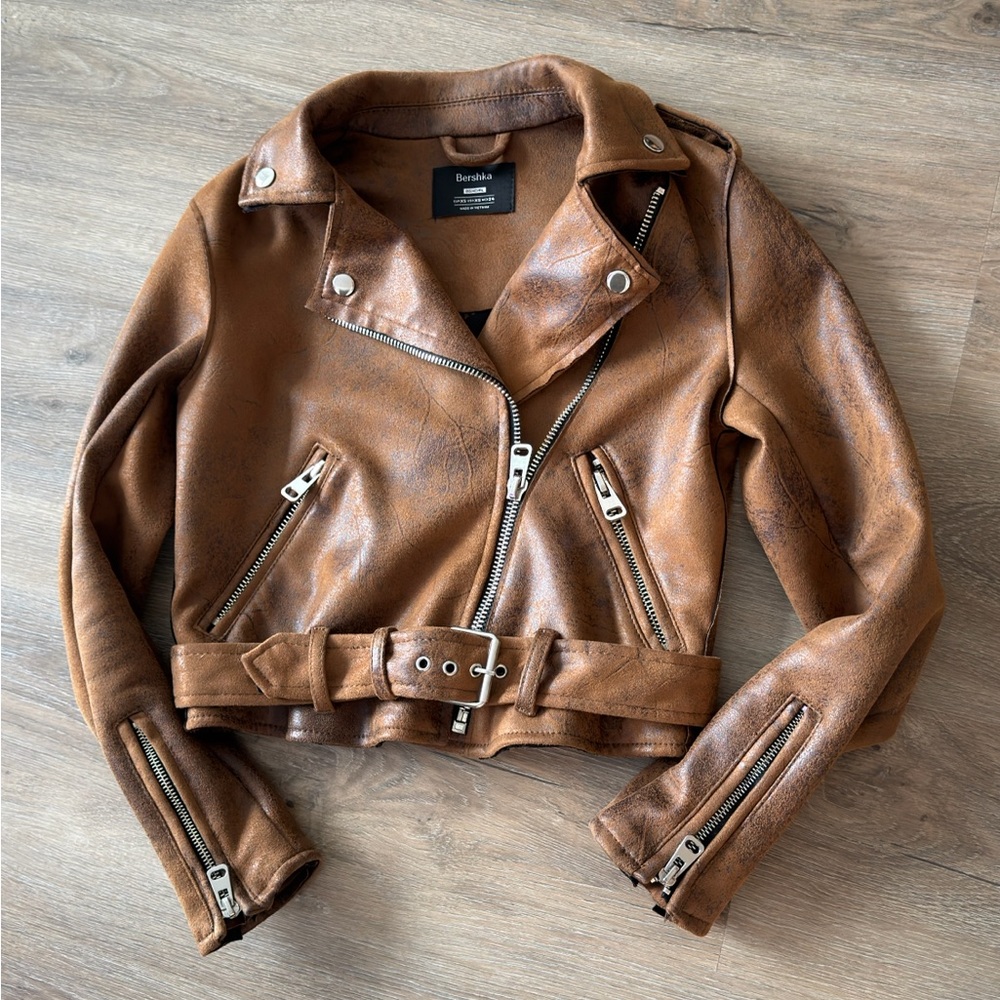 Bershka Brown Leather Moto Jacket
